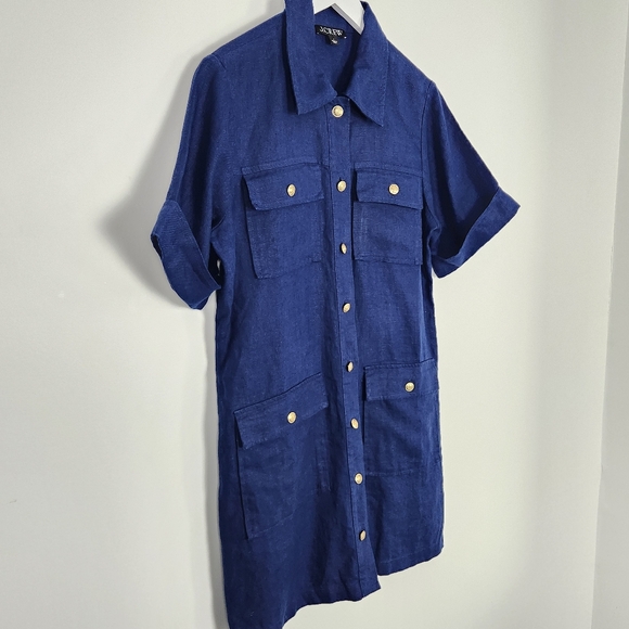 J. Crew 100% Linen Navy Blue Button-Up Short Sleeve Pocket Dress Size 8 NWOT - Picture 6 of 13